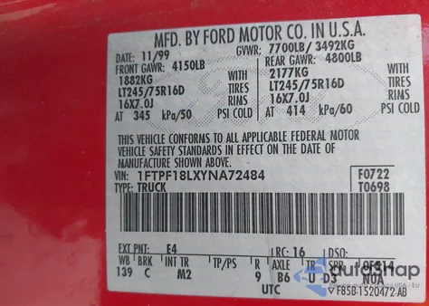 2000 Ford F-150 Work Series/Xl/Xlt из США, поврежденный, VIN 1FTPF18LXYNA72484